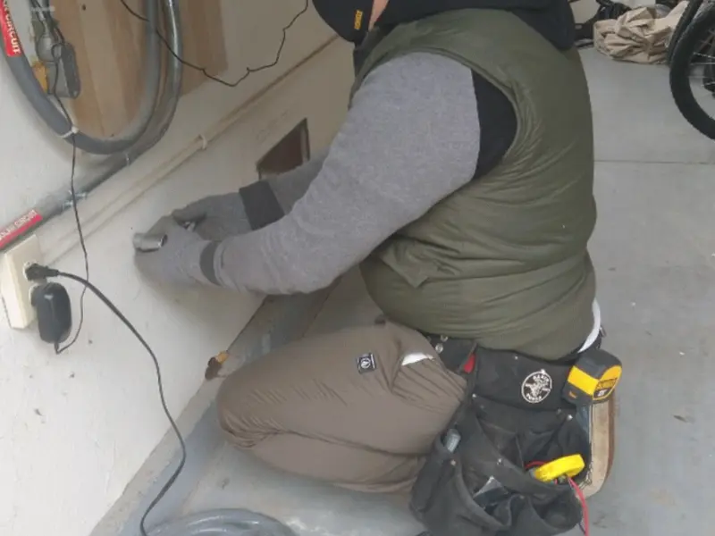 Electrician performing outlet wiring in a Golden Gate garage